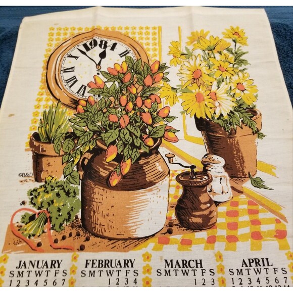 Vintage linen tea towel calendar flowers in vase and clock 1984 new old stock - Picture 7 of 7